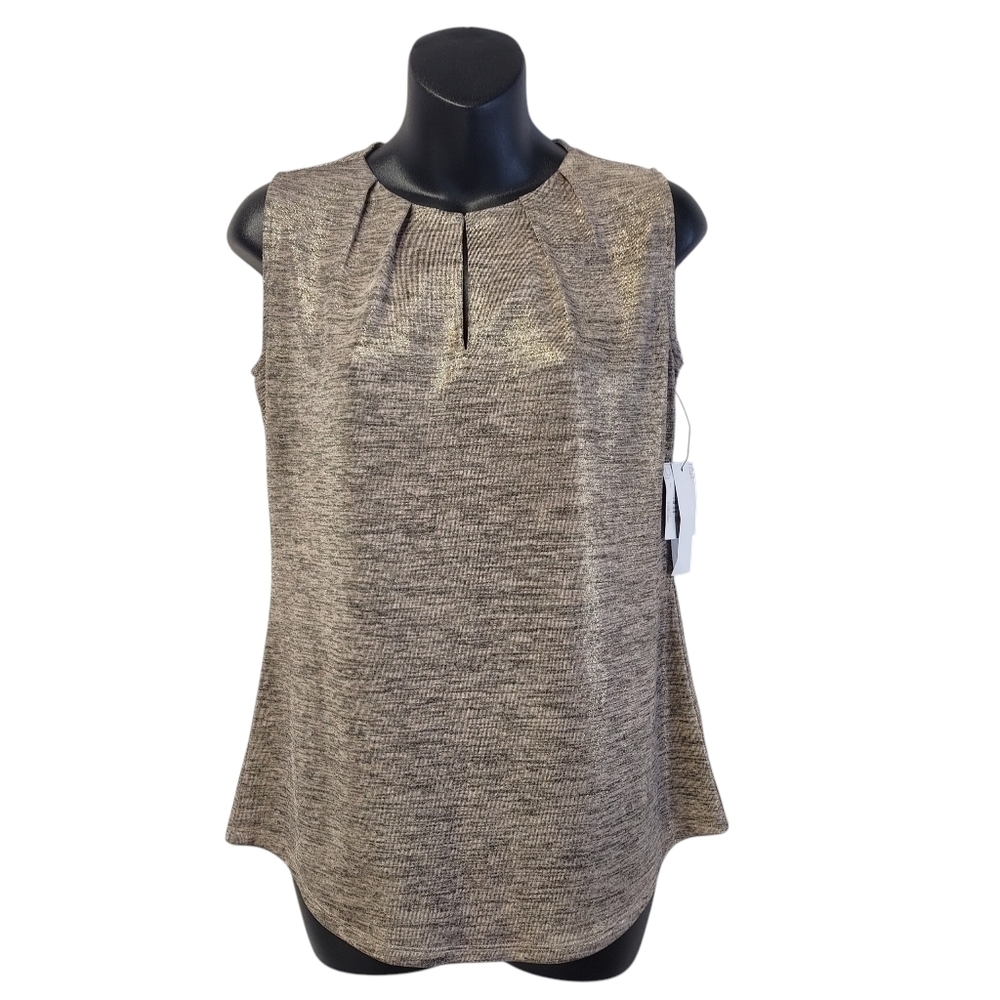 Liz Claiborne Wns Gray Gold Metallic Sleeveless Blouse Pleated Neck Size S NWT